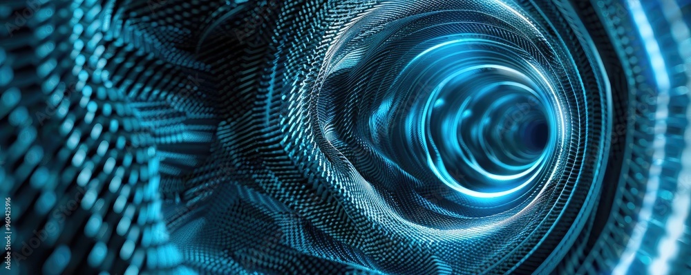 Poster abstract digital tunnel with glowing blue lights and intricate patterns, representing technology and