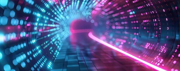 Obraz premium A vibrant digital tunnel with glowing neon colors and light trails, creating a futuristic abstract scene for tech and design themes.