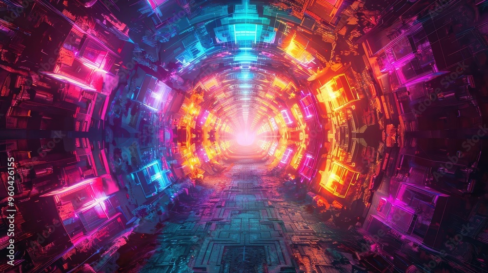 Aufkleber a stunning digital tunnel with vibrant neon colors, creating a mesmerizing illusion of depth and lig