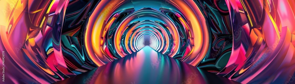 Poster A vibrant, surreal tunnel with colorful light patterns, creating a sense of depth and exploration into the unknown.