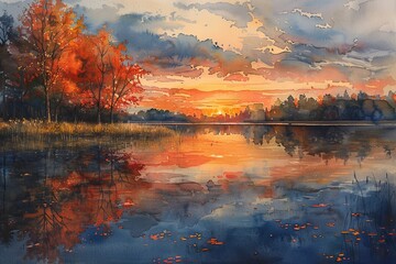 Serene sunset over a still lake, reflecting fiery colors in the water. Autumn leaves paint the shoreline with warm hues.