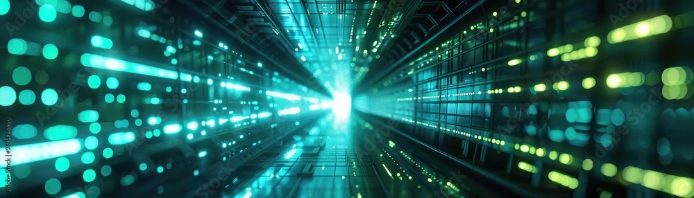 Poster a futuristic digital tunnel with vibrant lights and glowing particles, representing technology and i