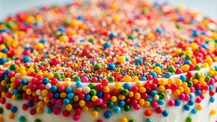 Close up of colorful sprinkles on top of a delicious cake