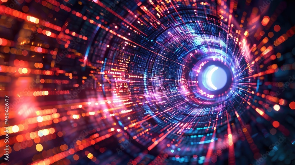 Poster A vibrant digital tunnel filled with colorful lights and dynamic patterns, representing futuristic technology and connectivity.