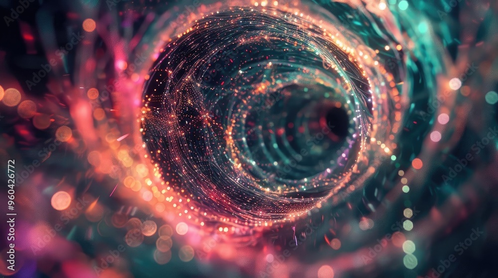 Poster A mesmerizing abstract tunnel filled with vibrant colors and sparkling lights, evoking a sense of depth and infinite possibilities.