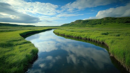 A peaceful river winding through a lush green valley, with the reflection of the sky on the water. © Pricha.RT