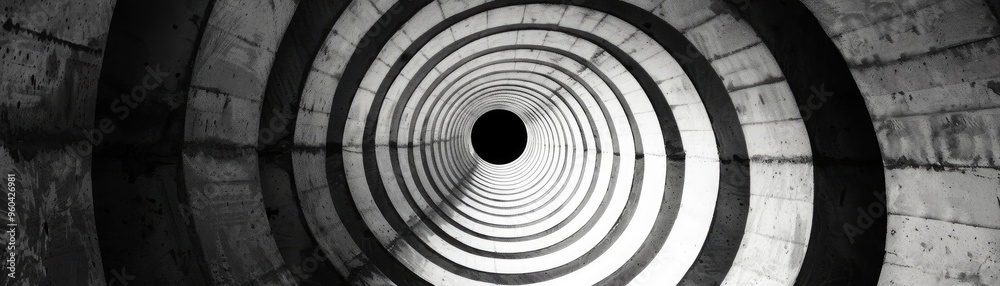 Poster A captivating black and white view of circular patterns within a concrete tunnel, creating a sense of depth and perspective.