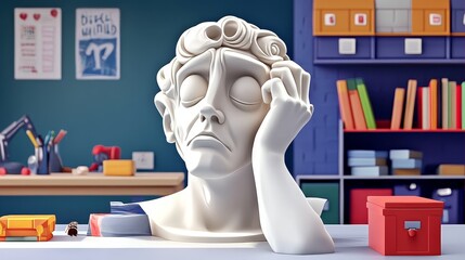 A thoughtful sculpture depicting deep contemplation, surrounded by a creative workspace filled with colorful stationery.
