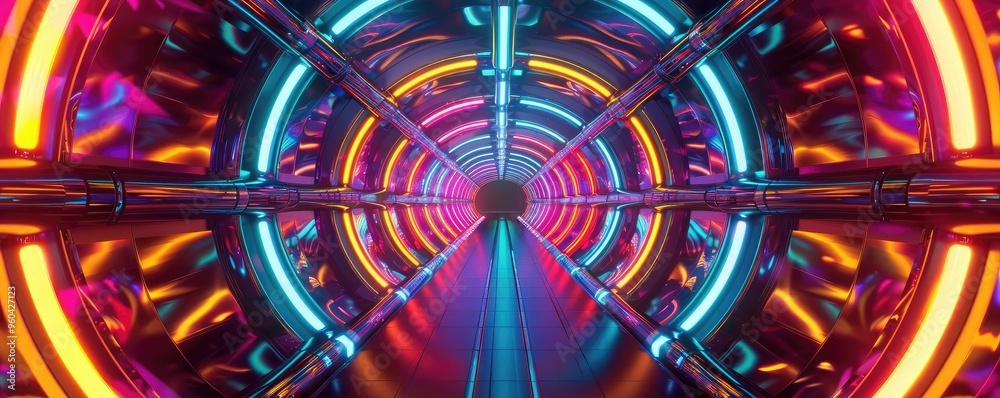 Poster a vibrant tunnel scene featuring neon lights and a futuristic aesthetic, perfect for technology and 