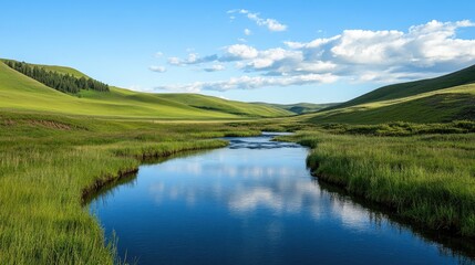 Fototapeta premium A peaceful river winding through a lush green valley, with the reflection of the sky on the water.