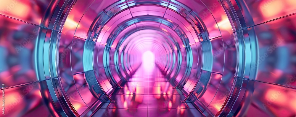 Poster Futuristic tunnel with vibrant lights and reflections, creating a mesmerizing atmosphere of depth and technology.