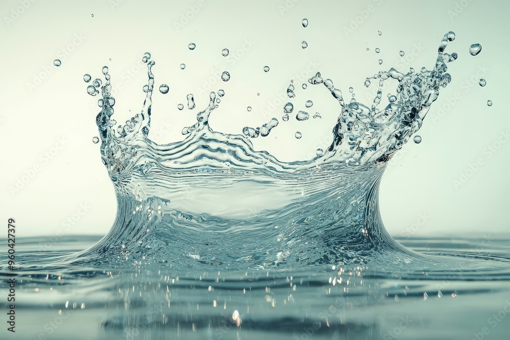 Leinwandbilder Droplets of water burst upward, forming a beautiful splash as they hit the calm surface, creating a mesmerizing display of ripples against a light backdrop