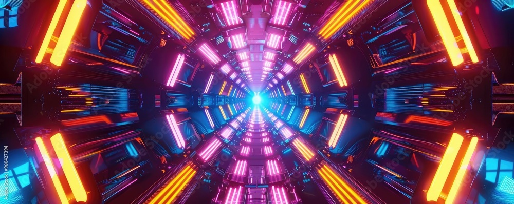 Poster vibrant tunnel with neon lights creating a futuristic atmosphere, perfect for technology and sci-fi 