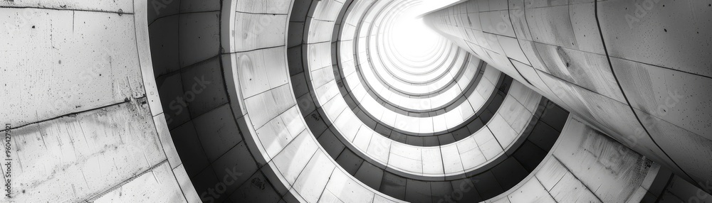 Poster An abstract view of a spiral concrete structure, showcasing the play of light and shadow in monochrome tones.
