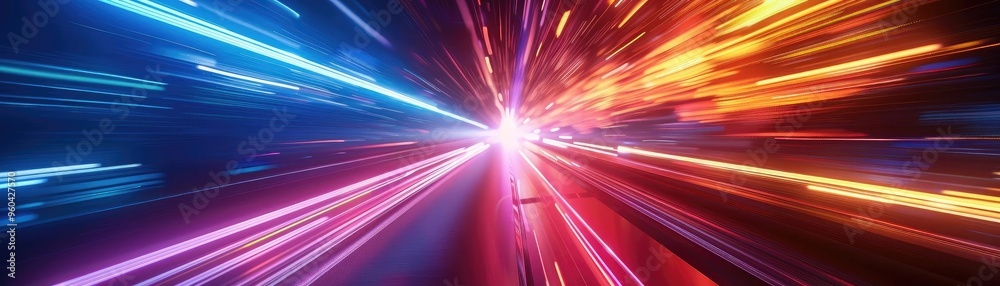 Poster dynamic abstract light trails showcasing vibrant colors of blue and orange, creating a sense of moti