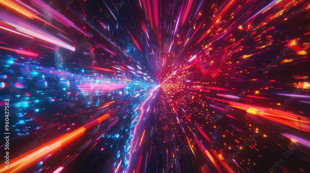 Poster An abstract view of vibrant light beams in motion, creating a dynamic, colorful tunnel effect for futuristic themes.