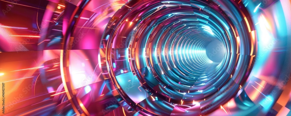 Poster a vibrant and futuristic tunnel visual, featuring glowing colors and dynamic patterns that evoke a s