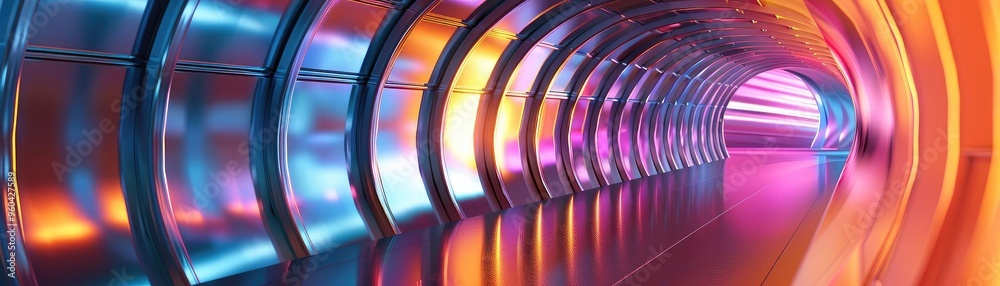 Poster Vibrant, illuminated tunnel with sleek curves and a blend of colors, creating a futuristic and dynamic atmosphere.
