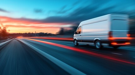 White van on a highway at sunset, showcasing speed and transport efficiency, with a blurred motion effect.