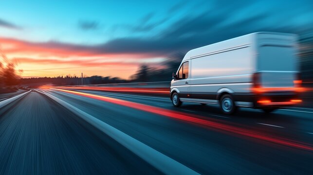 White van on a highway at sunset, showcasing speed and transport efficiency, with a blurred motion effect.