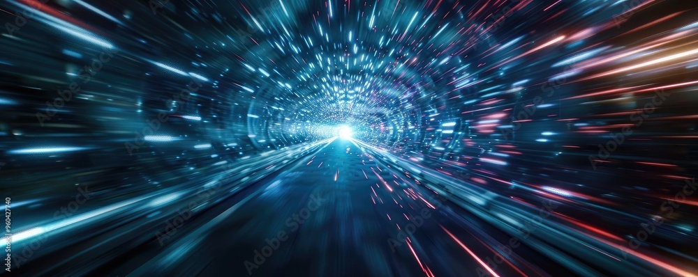 Poster Vivid motion of light creating a tunnel effect, symbolizing speed and futuristic travel through a digital landscape.