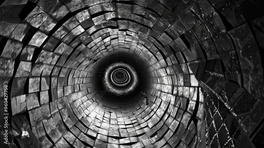 Poster A captivating view of a circular tunnel made of stone bricks, creating a mesmerizing pattern in black and white.