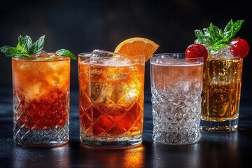 elegant cocktail array on sleek black background crystal glasses showcase vibrant liquors and artisanal garnishes dramatic lighting accentuates luxurious textures and colors of classic drinks