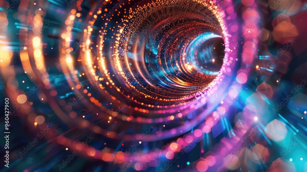 Poster Abstract colorful tunnel with bright particles, creating a sense of motion and depth. Ideal for futuristic and technology themes.