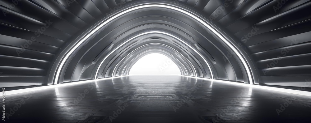 Poster a futuristic tunnel illuminated by bright lights, leading to a glowing exit, showcasing modern desig