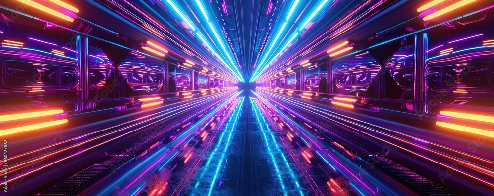 Poster Vibrant neon lights create a captivating tunnel effect, blending futuristic designs with dynamic color patterns and reflections.