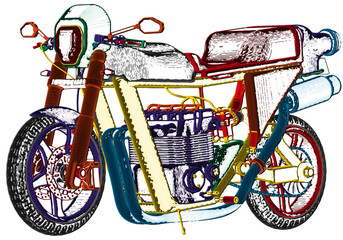 Multi-colored motorcycle on a white background. 