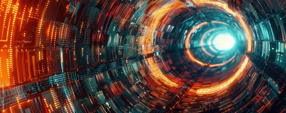 Poster a futuristic tunnel with glowing lights and a vibrant digital design, evoking a sense of motion and 