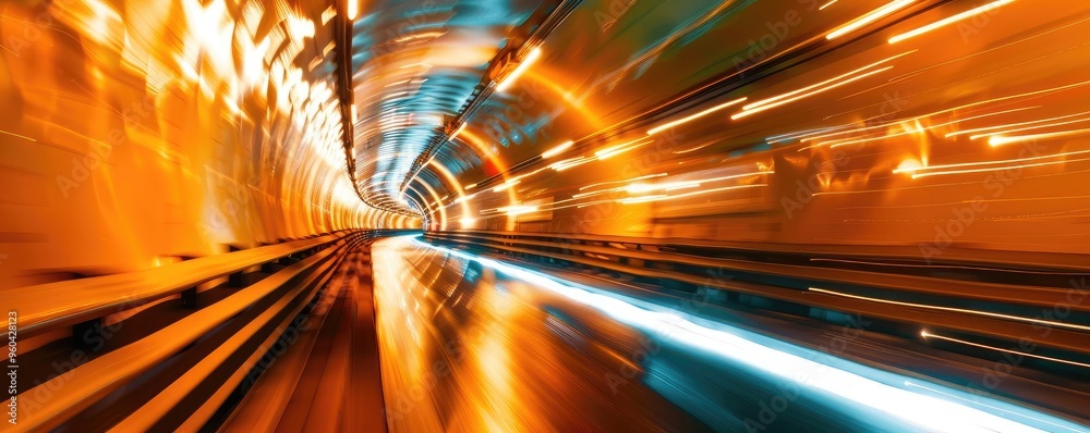 Poster a dynamic and vibrant tunnel with streaks of light, showcasing motion and energy in a captivating ab