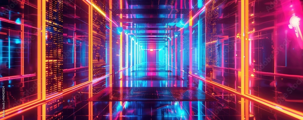 Poster A vibrant and futuristic corridor illuminated with neon lights, creating a mesmerizing digital atmosphere.