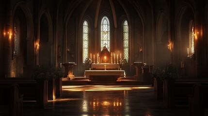 Fototapeta premium A quiet church interior, with an altar lit by candlelight and soft shadows.