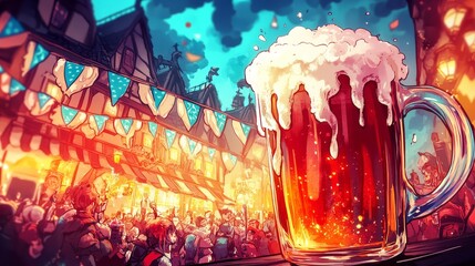 An exuberant festival filled with joyful crowds enjoying drinks amid colorful decorations