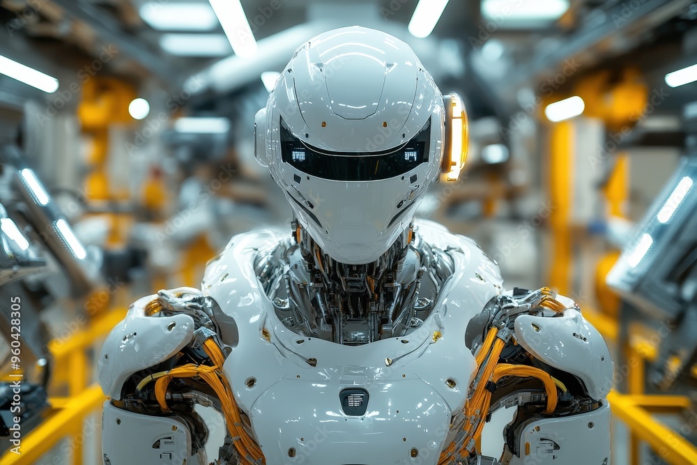 Poster A sleek humanoid robot is prominently displayed in a modern manufacturing environment, characterized by cutting-edge technology and illuminated workspaces