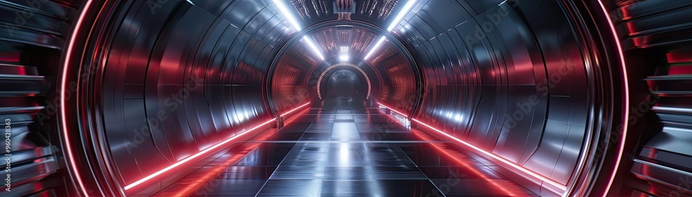 Poster futuristic tunnel with glowing red lights and sleek metallic surfaces, perfect for sci-fi themes and
