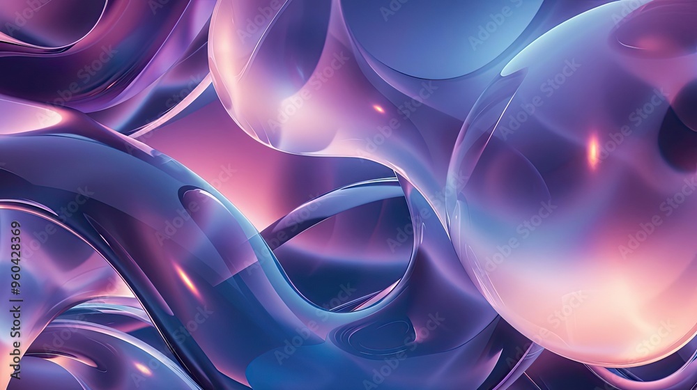 Poster abstract composition of smooth, glowing shapes in purple and blue hues, creating a serene and futuri