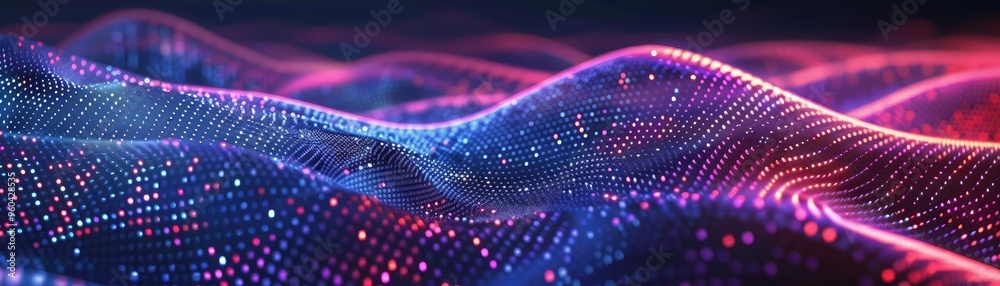 Poster an abstract representation of digital waves featuring vibrant colors and glowing particles, perfect 