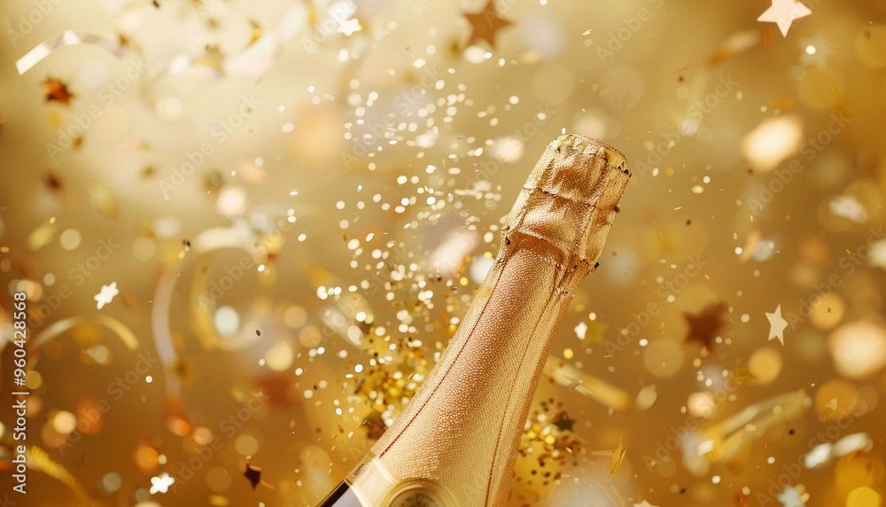 Wall mural sparkling celebration: festive champagne bottle with confetti stars and glitter on golden background