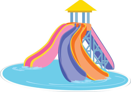 recommend clip art: Three brightly colored water slides emptying into a swimming pool, evoking summer fun and excitement