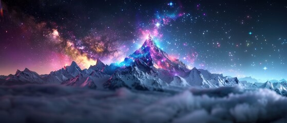 Naklejka premium Ethereal Elevation: Glowing Peaks in Majestic Mountain Range under Clear Night Sky