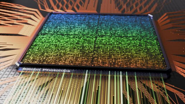 Abstract 3d render of a silicon chip with photonic interconnect. Silicon Photonic is labeled on the interface.