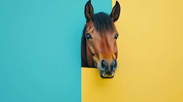 text space for advertising with funny part as portrait of a horse peeking over a colored panal