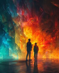 Two figures stand before a fiery, abstract portal, facing an uncertain future.  The vibrant colors suggest a world of possibilities.