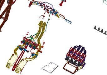 Disassembled multi-colored motorcycle on a white background. 