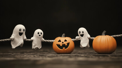 ghosts and pumpkins in a black background