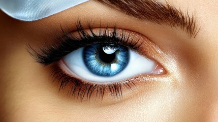Obraz premium A captivating blue eye with long lashes and a healthy shimmer is highlighted by gentle lighting, emphasizing its intricate details and natural beauty