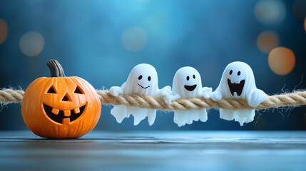 Obraz premium halloween pumpkin and ghosts in an blue background